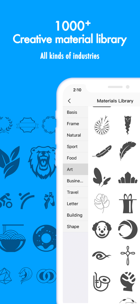 Logo Maker & graphic design - Interfaz de la aplicación Logo Maker mostrando una diversa biblioteca de materiales e íconos de diseño creativos para varias industrias.