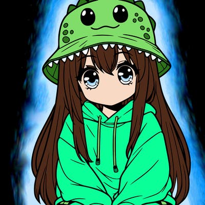 girl with anime shaped eyes with a dinosaur bucket hat oversized sweatshirt long straight hair
