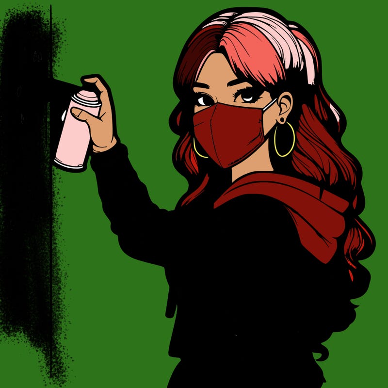 realistic girl with mask spray painting a wall