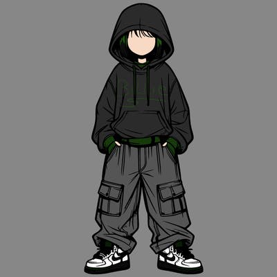 realistic girl with baggy jeans and a hoodie