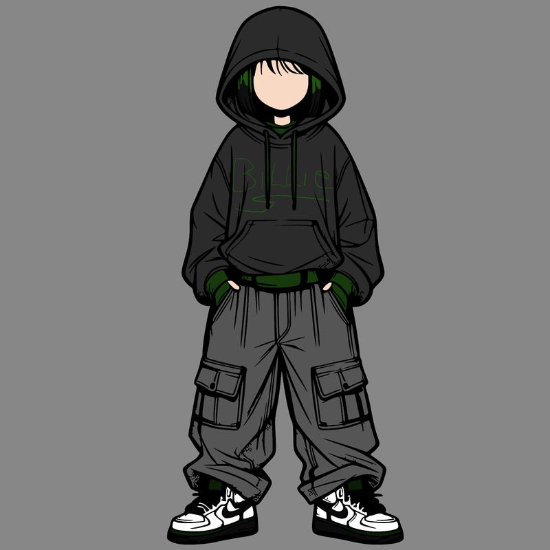 realistic girl with baggy jeans and a hoodie