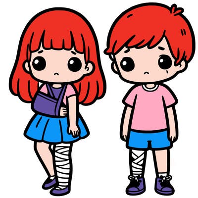 a girl with an injured arm and a boy with an injured leg