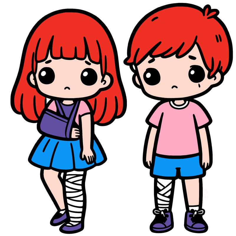 a girl with an injured arm and a boy with an injured leg
