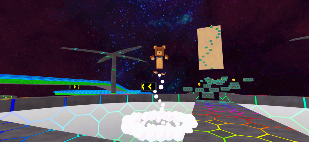 Super Bear Adventureの宇宙をテーマにしたレベルで、ネオンのプラットフォームをジャンプするBaaren。