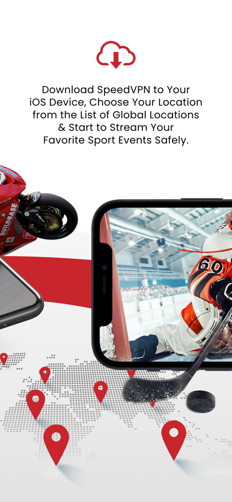 SpeedVPN-App-Oberfläche mit globalen Server-Pins und einem Eishockeyspiel für sicheres Sportstreaming