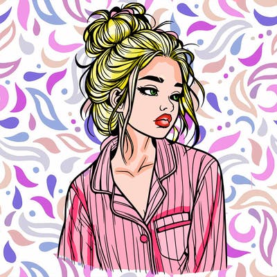 realistic woman with pajamas on and a messy bun