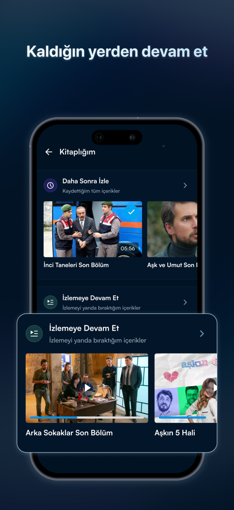 Interfaccia della libreria dell'app Kanal D che visualizza le liste continua a guardare e guarda più tardi per le serie turche.