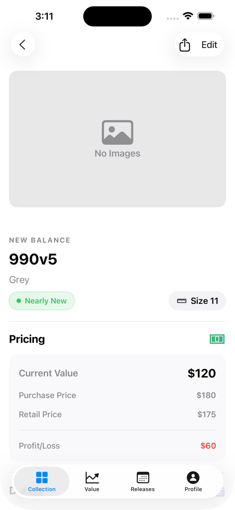 Shoebox - Sneaker Collection - Detailed view of a New Balance 990v5 sneaker entry in the Shoebox app showing current value and profit loss statistics