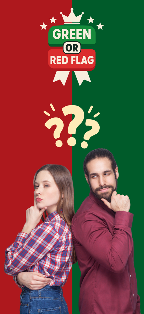 Red Flag: Couple Questions - A young couple standing back to back under a Green or Red Flag logo for a relationship game.