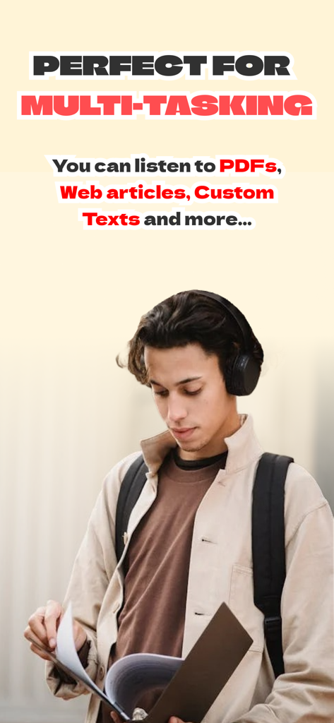 Readio Ai - PDF to Audio Book - A young man with headphones and a backpack multitasking while listening to a PDF using Readio Ai.