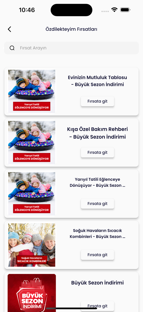 Özdilek AVM - Özdilek AVM mobile app screen displaying a list of current seasonal campaigns and shopping deals with images of families and sale banners.
