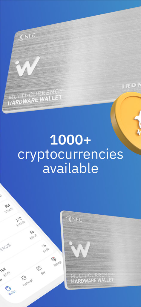 IronWallet-Werbebild, das über 1000 verfügbare Kryptowährungen und die Integration von Multi-Währungs-Hardware-Wallets zeigt