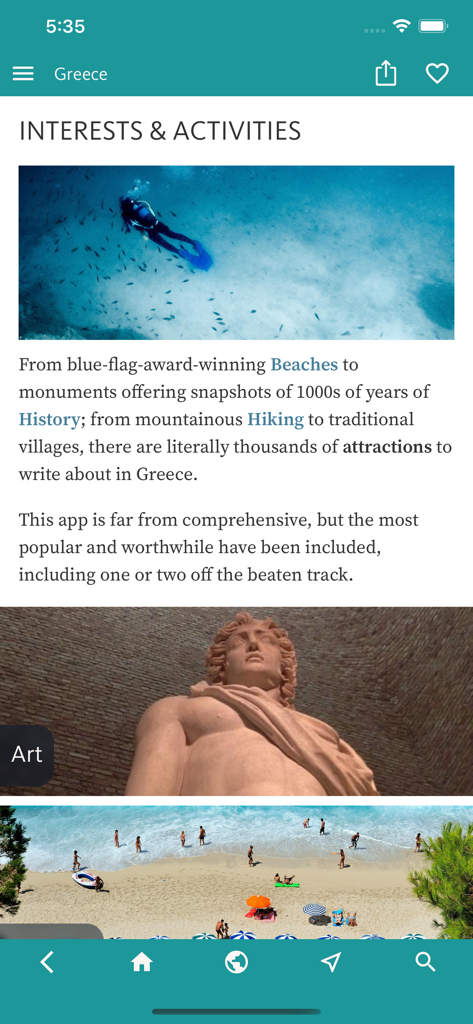 Bildschirm mit Interessen und Aktivitäten des Griechenland-Reiseführers, der Tauch-, Kunst- und Strandkategorien anzeigt