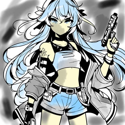 bad girl wearing crop top holding a gun long hair anime