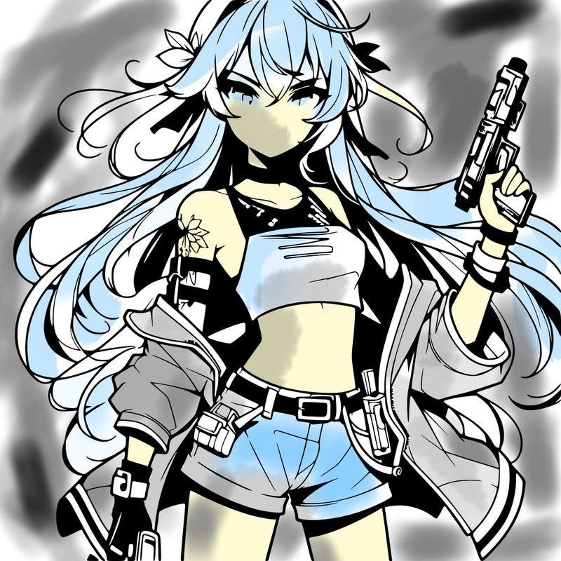 bad girl wearing crop top holding a gun long hair anime