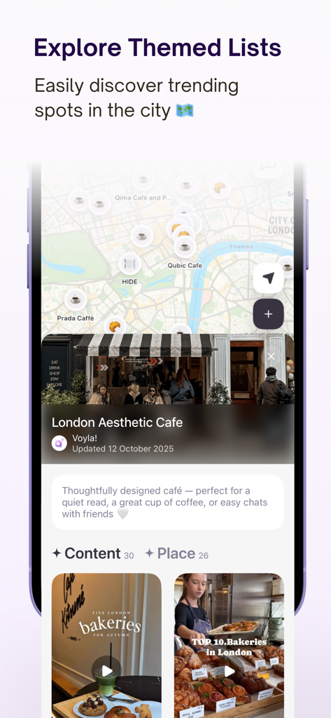 Map view in Voyla app showcasing a curated list of aesthetic cafes in London.
