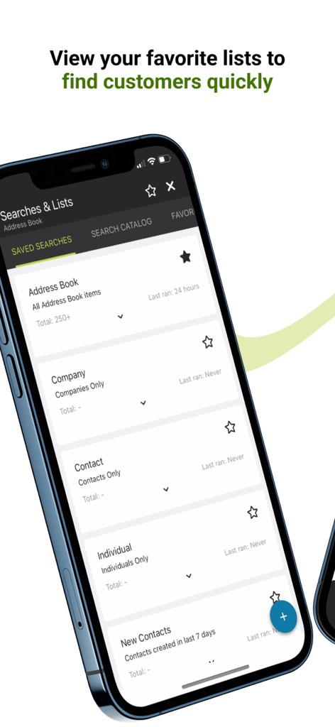 Interface de l'application Maximizer CRM affichant un menu de listes de recherche client enregistrées