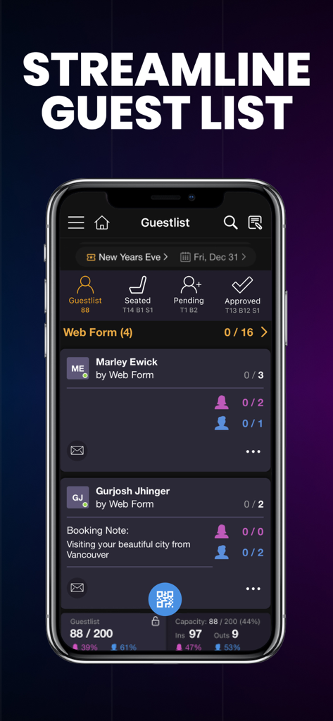 Mr. Black app interface for streamlining nightclub guest lists and managing venue reservations.