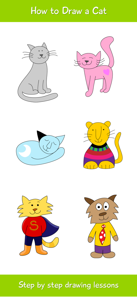 How to Draw a Cat Step by Step - Una selección de seis personajes diversos de gatos de dibujos animados que incluyen un gato superhéroe y un gato rosa con un corazón.