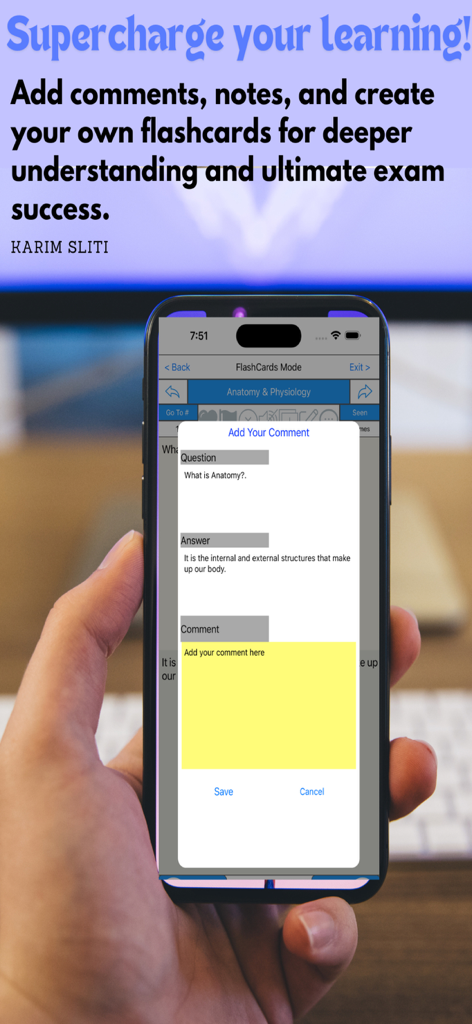 Pantalla de la aplicación móvil que muestra una tarjeta de memoria con una opción para agregar notas y comentarios de estudio personalizados.