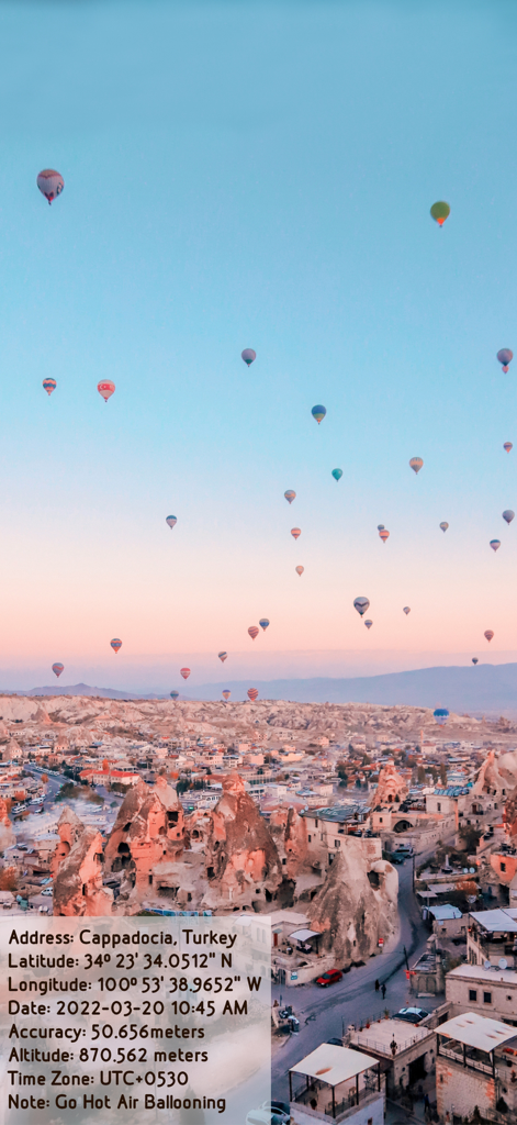 Travel photo of hot air balloons with integrated GPS coordinates and time stamp note