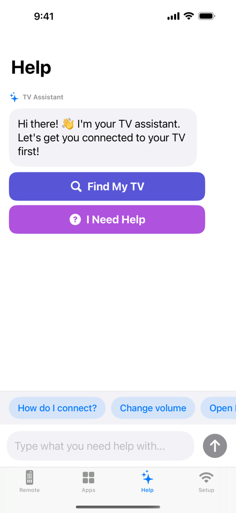 EasyTV - Samsung Remote - EasyTVアプリのヘルプ画面。テレビを見つけたりヘルプを取得したりするためのオプションを備えた、フレンドリーなテレビアシスタントが表示されています。