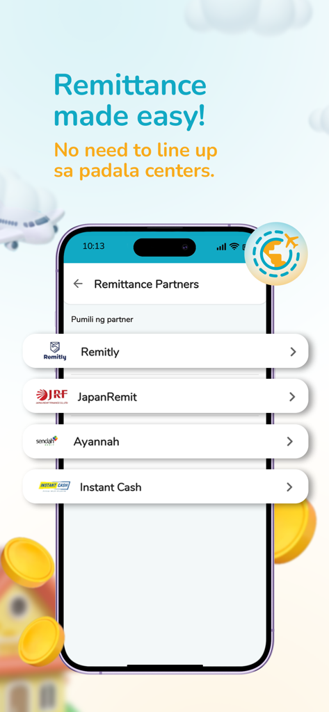 RCBC DiskarTech Savings - Tela do aplicativo móvel RCBC DiskarTech exibindo uma lista de parceiros de remessa, incluindo Remitly e JapanRemit.
