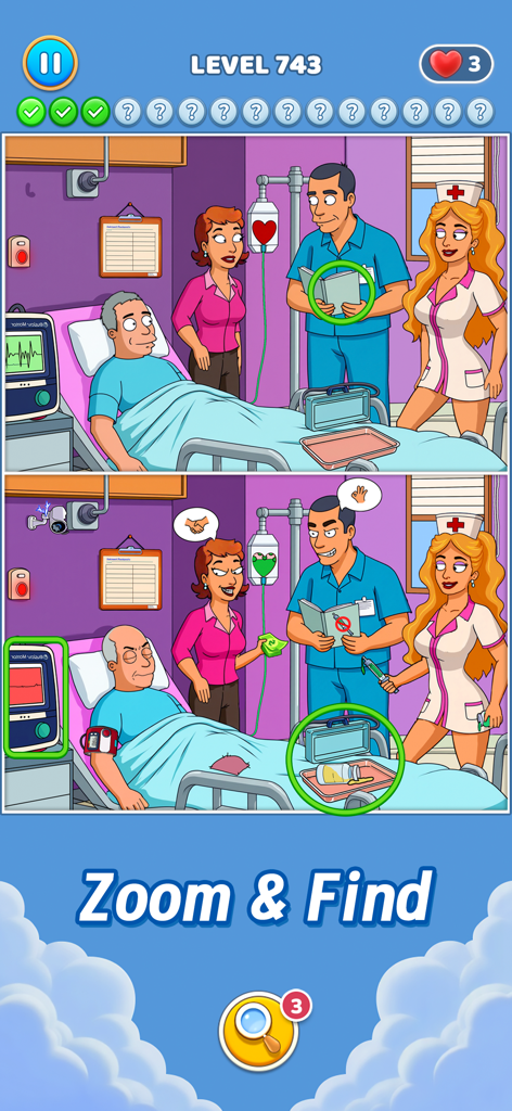 Differences - Spot & Search It - Gameplay screenshot of Differences Spot and Search It showing a cartoon hospital room puzzle level with the text Zoom and Find