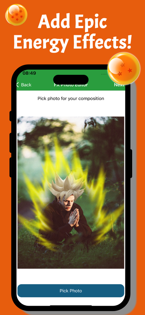 Dragon FX Anime Photo Editor - Dragon FX app interface showing a photo of a person with spiky anime hair and a glowing yellow energy aura