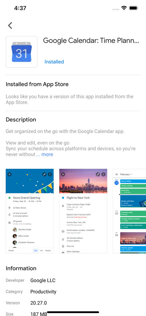 Interfaz de Google Device Policy que muestra detalles de una aplicación de Google Calendar administrada en un iPhone