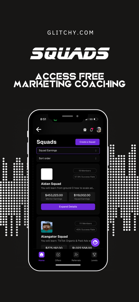Glitchy Digital Marketing - Interface of the Glitchy app showing marketing squads and mentor earnings