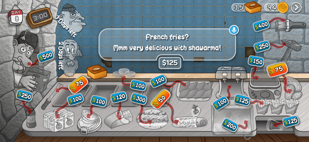 Shawarma Legend - Écran de mise à niveau de la cuisine dans Shawarma Legend montrant divers ingrédients et équipements avec des prix.
