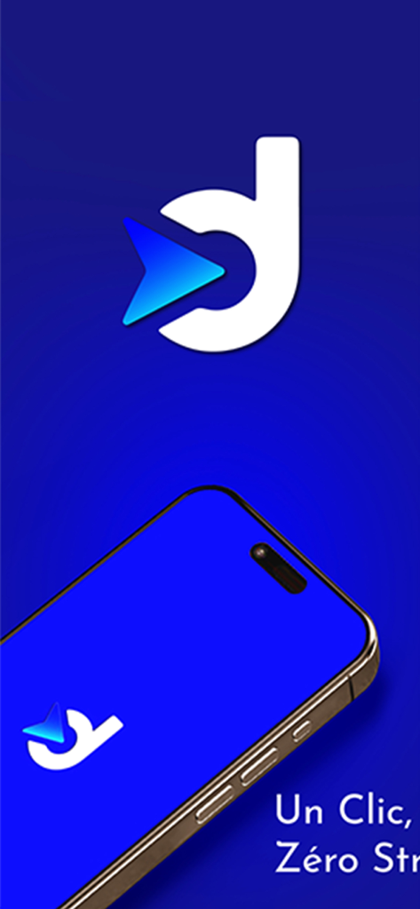 Tela de introdução do aplicativo de transporte Drevo mostrando o logotipo em um fundo azul e um smartphone