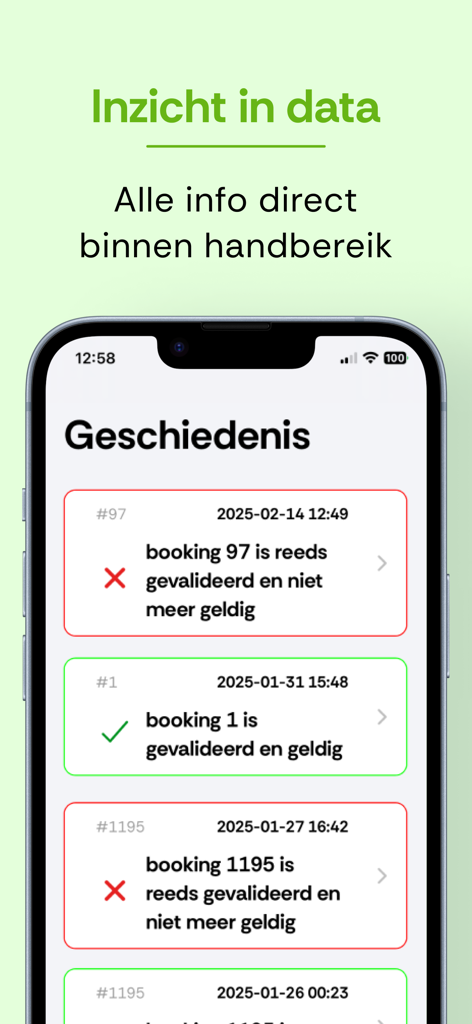 i-Reserve scanner - i-Reserve scanner history screen displaying recent booking validation logs
