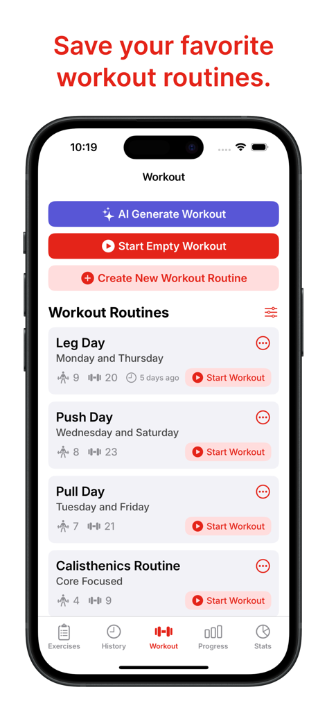 Flexer: Gym Workout Tracker - Interfaz de la aplicación Flexer que muestra una lista de rutinas de entrenamiento de gimnasio guardadas como Día de Piernas y Día de Empuje