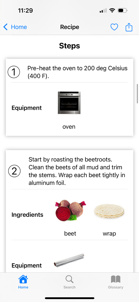 Yum‎ - Interface of Yum app displaying interactive cooking steps with visual aids for ingredients and equipment like oven and beets