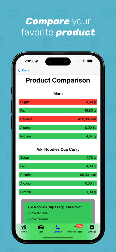 FoodCheckr: food scanner - A mobile screen from the FoodCheckr app comparing nutritional data between two different food products.