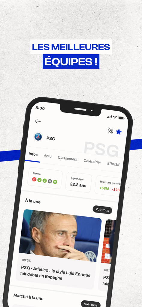 Foot Mercato : Transferts - La aplicación Foot Mercato mostrando noticias y estadísticas del equipo del Paris Saint Germain