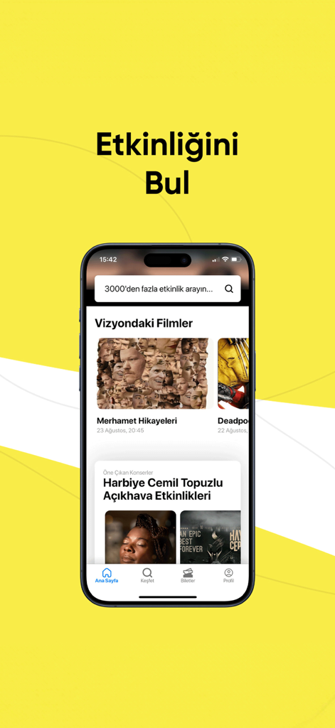 Page d'accueil de l'application mobile Biletinial montrant la découverte de films et de concerts
