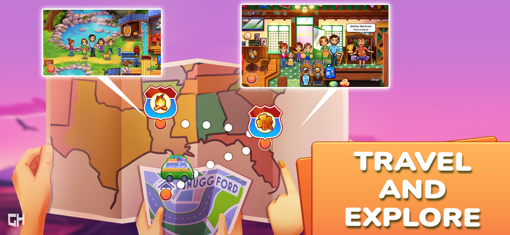 Delicious: Taste of Truth - Un mapa de viaje del sur de EE. UU. que muestra varias ubicaciones del juego y escenas de personajes con el texto Viaja y Explora