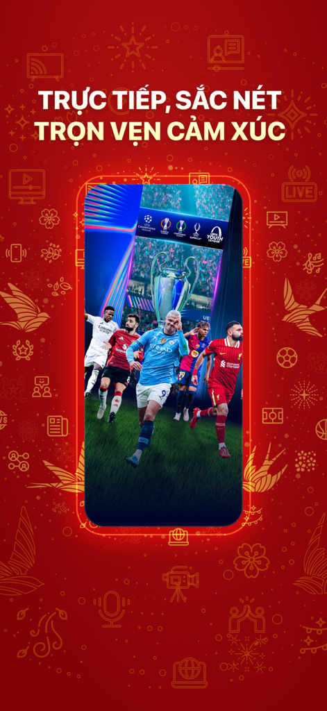 VTVcab ON - Giải trí bất tận - Benutzeroberfläche der VTVcab ON App mit Live-Fußballspielern aus Europa und der Champions-League-Trophäe