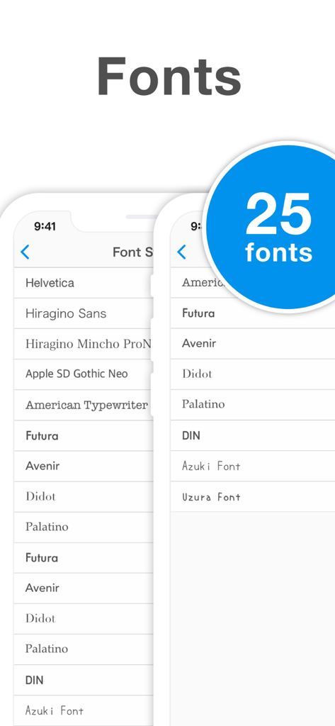Simple Notes - Notepad Manager - Screenshot of the Simple Notes app displaying 25 different font styles for note customization