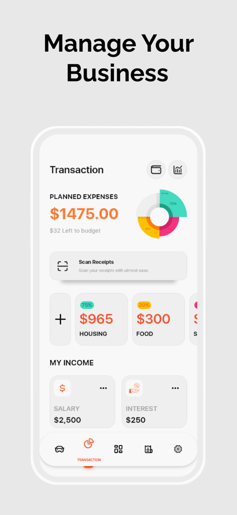 Self Employed - Accounting - 프리랜서의 예정된 지출 차트, 영수증 스캐너 및 수입 추적을 보여주는 모바일 앱 거래 화면.