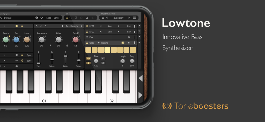 TB Lowtone - Interfaz de la aplicación móvil TB Lowtone que presenta un sintetizador de graves con teclas de piano y controles de modulación de sonido