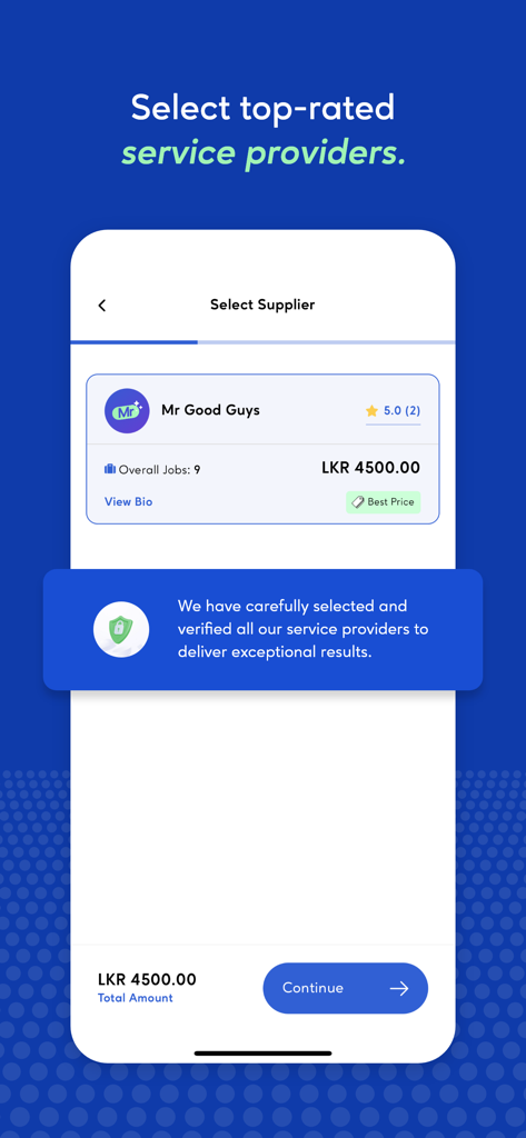 Good Guys - Interface of the Good Guys app showing a verified service provider with a five star rating and pricing