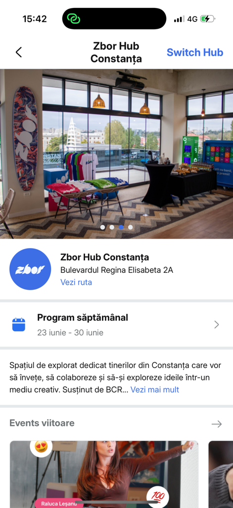Zbor - Spațiu de Explorat - Écran de l'application mobile montrant le profil Zbor Hub Constanta avec une photo de l'intérieur et le programme hebdomadaire.