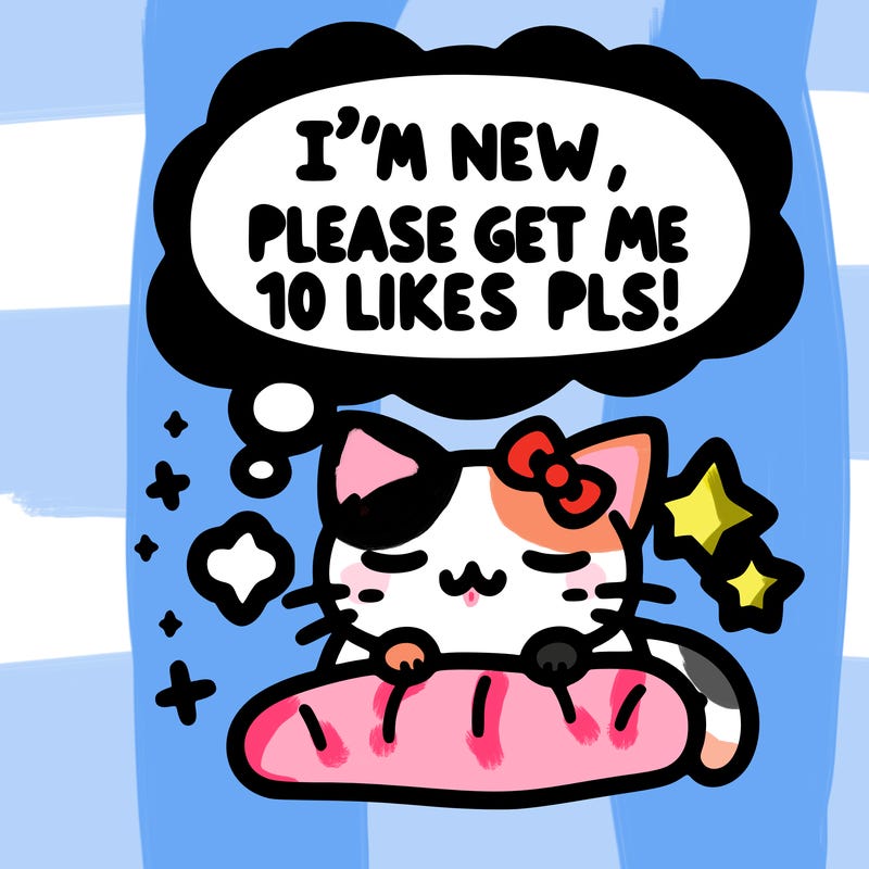 kitty taking a nap dream talking and saying "i'm new, please get me at least 10 likes pls!!"