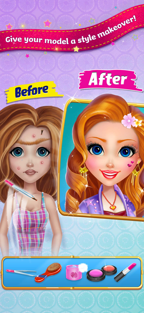 A before and after side-by-side comparison of a model makeover with makeup tools