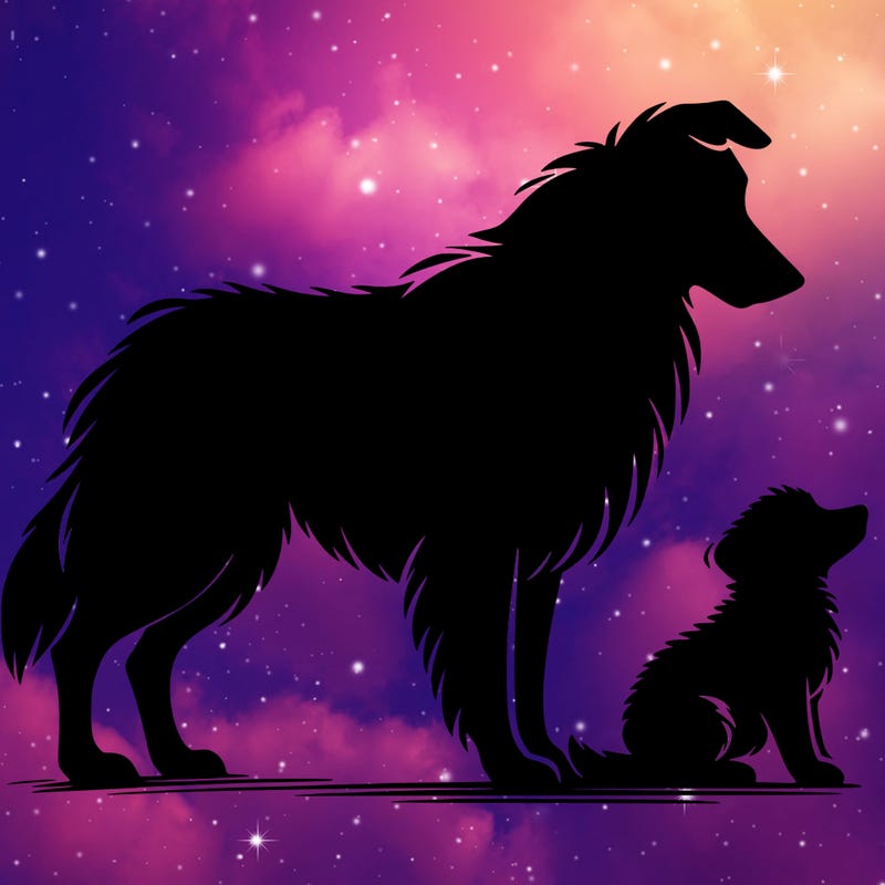 silhouette of a shepherd with his still and baby dog