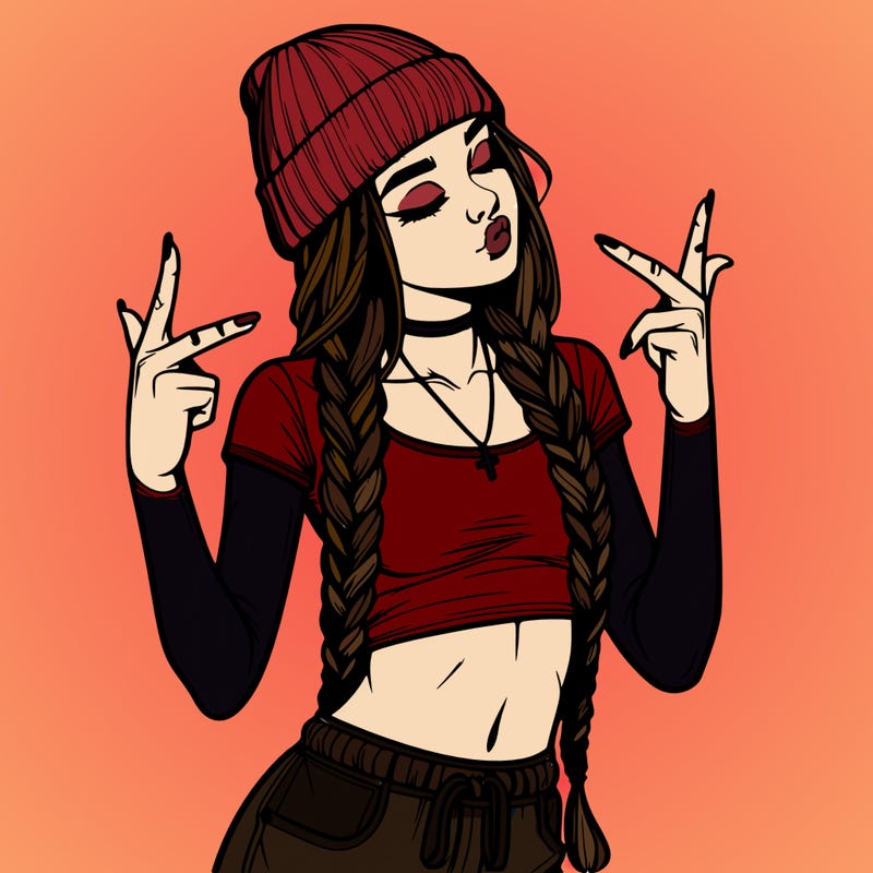 realistic teenage girl with braids and a beanie and crop top doing 🫶🏼
